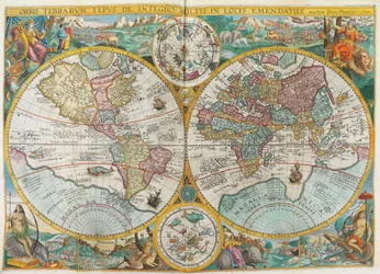 Itinerarium. Mapa del mundo con trajes, nativos, barcos, plantas y animales, 1644