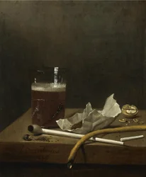 Naturaleza muerta con un vaso de cerveza, una pipa, tabaco y otros requisitos para fumar, 1658