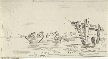 Bote de remos con figuras en un río