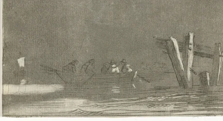 Barco de remos con figuras en un río