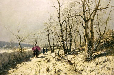 Día de invierno nevado con figuras en el camino