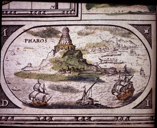 Representación de las Siete Maravillas de la Antigüedad: el Faro de Alejandría. en el Atlas de Jansson Jannsonius impreso en Ámsterdam en 1630