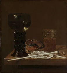 Bodegón con roemer, vaso de cerveza y una pipa