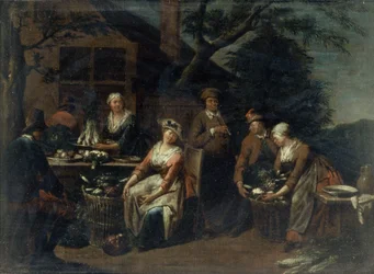 Un grupo de campesinos, verduras y frutas