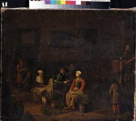 ""La cocina"" (La cocina) Sirvientes preparando la comida para sus amos, una mujer cortando verduras, otra detrás cerca de un lavadero, mientras un hombre habla mientras bebe. Pintura de Jan Joseph Horemans el Viejo (1682-1759) Mik del siglo XVIII.