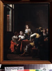 ""Les festivites"" (La alegre reunión) grupo de jinetes y damas reunidos alegremente alrededor de una mesa. Pintura de Jan Joseph Horemans el Viejo (1682-1759) Museo de Bellas Artes Ivan Kramskoy (o Kramskoi) del siglo XVIII en Voronezh (Voronezh), Rusia.