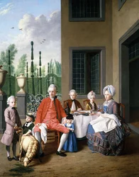 Retrato de grupo de la familia van den Bosch, cenando junto a una casa, con un jardín de topiarios al fondo, 1777