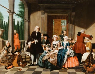 Retrato de una Familia cenando en un Pórtico, un Jardín Formal al fondo, 1747