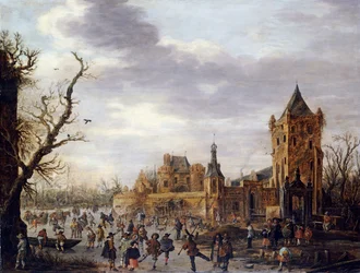 Vista del castillo Batestein Vianen, en invierno con un caballero, su esposa y séquito observando deportes de invierno en el hielo