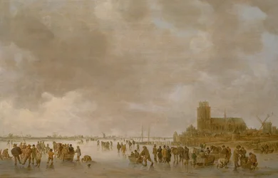 Paisaje invernal con figuras patinando sobre el hielo