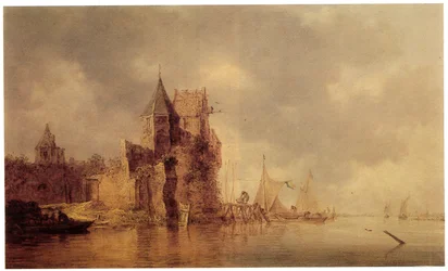 Una torre medieval en una muralla del castillo con barcos de vela en un embarcadero y un bote de remos en primer plano, c.1642