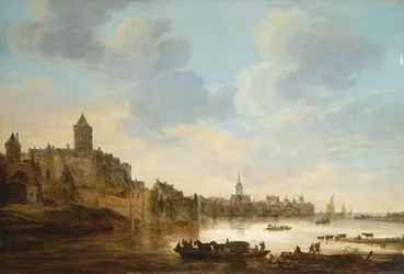 Una ciudad en las orillas de un río, con un ferry, 1648