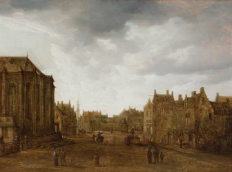Vista de una ciudad holandesa con figuras en la carretera (óleo sobre tabla)