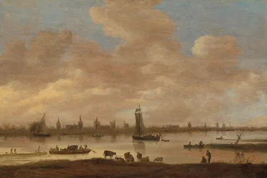 Vista de una ciudad imaginaria al otro lado de un río