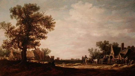 Escena de Pueblo con Caballos y Carros