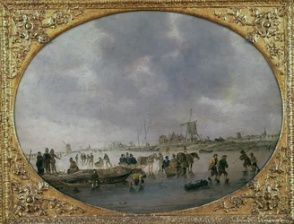 Escena invernal con figuras en un lago helado (óleo sobre tabla)