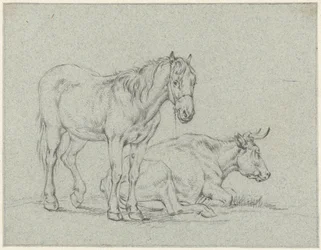 Caballo de pie y vaca acostada