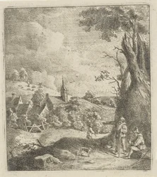 Paisaje con un pueblo y dos hombres junto a un árbol.
