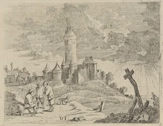 paisaje con castillo y tres hombres