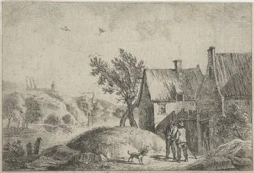 Dos hombres con un perro en un paisaje.