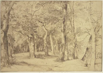 El interior de un bosque, a la derecha un pintor está sentado ante el caballete