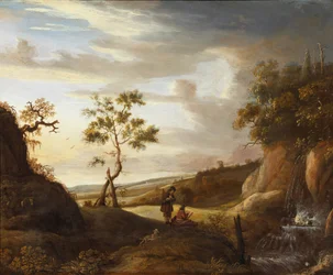 Paisaje con un artista que pinta una cascada