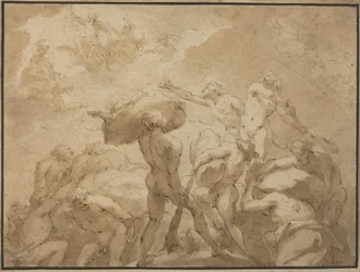 Batalla de los dioses y los gigantes del Olimpo y el monte Othrys (pluma y tinta marrón con aguada marrón sobre papel verjurado)