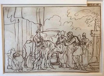 El toro es presentado para la ofrenda por el pecado, Aarón y sus hijos ponen las manos sobre su cabeza (Lev. 8,14)