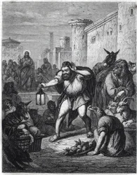 Esopo y Cristo: el escritor griego Esopo (siglo VI a.C.), con una linterna en la mano, cruza un paseo entre personajes con cabezas de animales en busca de "un hombre". Detrás de él vemos a Jesucristo. Ilustración inspirada en la fábula "Esopo a un 