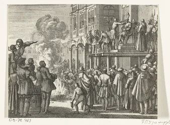 Jacob van Campen con mitra en la cabeza en el cadalso de Ámsterdam, 1535