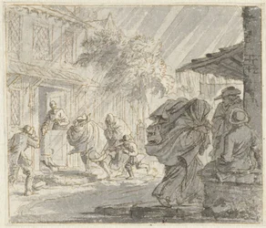 Escena de calle con viento y lluvia fuertes