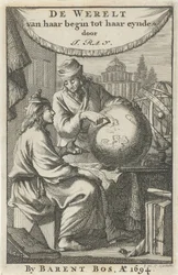 Dos hombres estudian un globo Página de título para: J. Ray, El mundo desde su principio hasta su fin, 1694