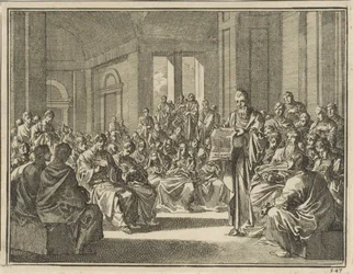 Lectura de una epístola ante una gran multitud de cristianos