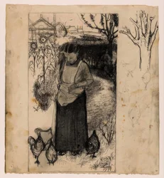 Annie Mankes-Zernike alimentando gallinas, derecha: estudios de un árbol y gallinas
