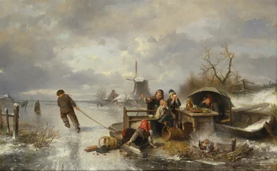 Niños jugando en un lago congelado en un paisaje invernal