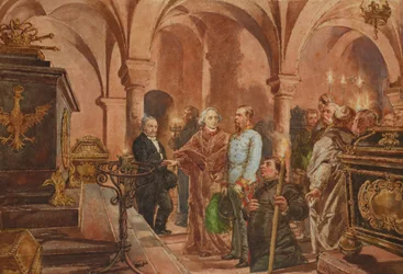 Polaco: Emperador ante el sarcófago del rey Jan III Sobieski en la cripta de San Leonardo de la catedral de Wawel