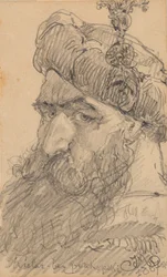 Recto: Cabeza de un hombre barbudo con sombrero, rezando.