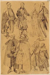 Tesoro. Ocho hombres y mujeres con trajes de los siglos XVI y XVIII.