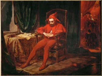 El bufón de la corte Stanczyk recibe la noticia de la pérdida de Smolensk, durante un baile en la corte de la reina Bona (pintura sobre lienzo)