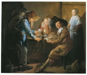 Jugadores de cartas a la luz de las lámparas