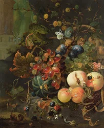Naturaleza muerta de frutas e insectos