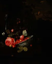 Naturaleza Muerta de Fresas Silvestres, una Rosa y una Botella de Vidrio, 1690