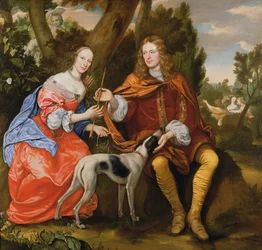 Retrato de un caballero y su esposa sosteniendo una flecha, sentados con su perro