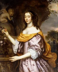 Retrato de una dama, de pie, tres cuartos de longitud, con un vestido de seda lavanda y un chal amarillo