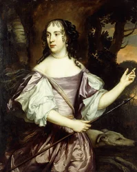 Retrato de una Dama, de pie tres cuartos de longitud, vistiendo un Vestido de Satén Lavanda y Blanco