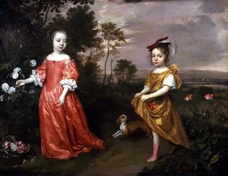 Dos niños y un perro en un paisaje