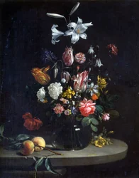Naturaleza muerta: Ramo de flores en un jarrón de vidrio