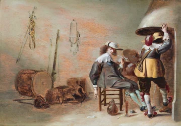 Interior de una sala de guardia con caballeros junto a una hoguera (óleo sobre tabla)