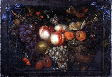 Bodegón de frutas en un nicho de piedra