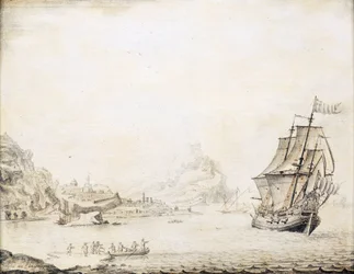 Un barco británico frente a las costas de Satalia (Turquía), en 1677, rodeado de una costa rocosa, con antiguas murallas y minaretes. Óleo sobre madera